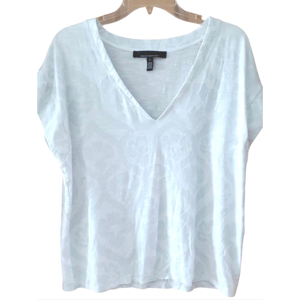 WHBM White V-Neck‎ Floral Print Short Sleeve Top Size Large